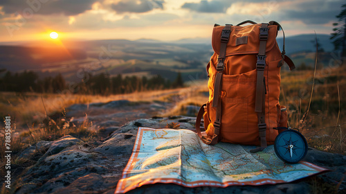 Backpack, map and compass on the background of the horizon.