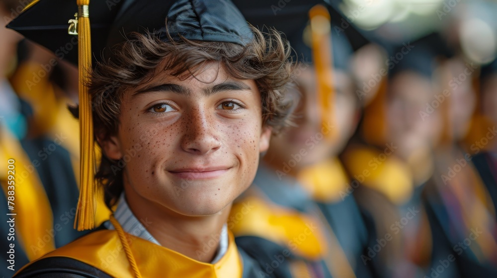 teenager in black and gold cap and gown on graduation day