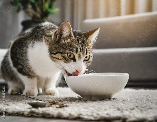 Katze frisst Futter aus einem Napf im Wohnzimmer zu Hause - gras-weiße Katze