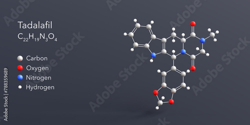 tadalafil molecule 3d rendering, flat molecular structure with chemical formula and atoms color coding photo