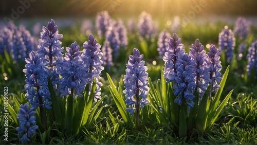 Purple hyacinth flowers growing in green grass wet with spring morning rain drop water dew and soft sunlight sun beams background photo