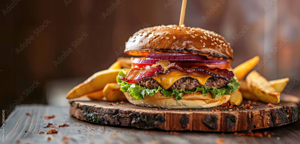 Fresh tasty burger with french fries on wooden plate, close up photo