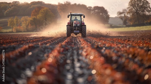  red tractor harrowing arable field photo