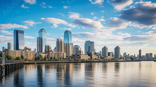 A Panoramic View of Jersey City Skyline with Landmarks and Hudson River Reflections © Thomas