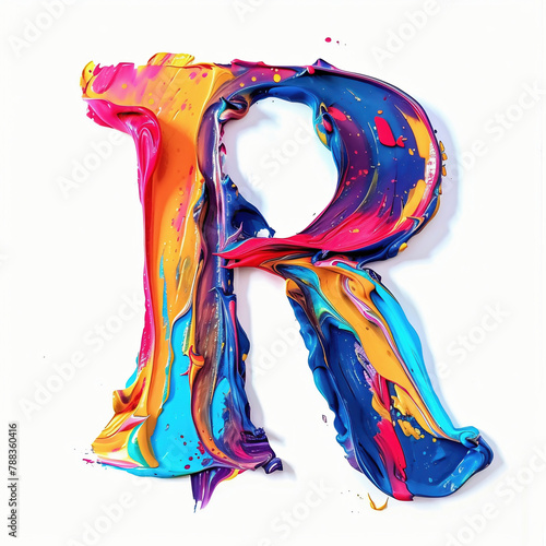 Letter R uppercase. Colorful paint splash on white background