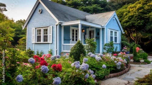 A cottage with a charming blue exterior and a flowers AI generated
