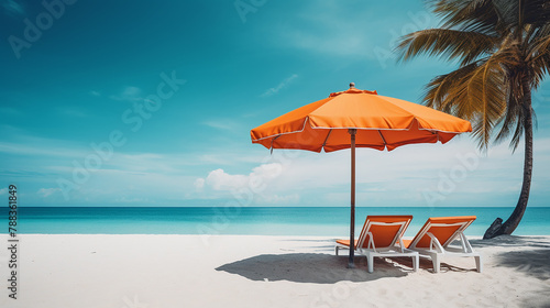 beach beach chairs and umbrella on the tropical beach, summer landcapes	 photo