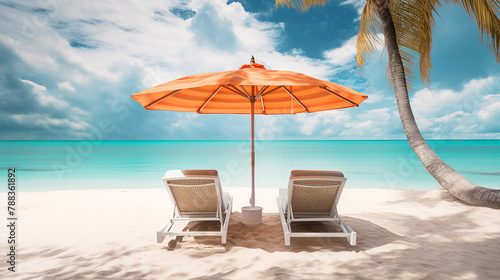 beach chairs and umbrella on the tropical beach, summer landcapes	 photo