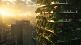 green building development using innovative technologies like solar panels, rainwater harvesting systems, and green roofs to achieve net zero energy consumption