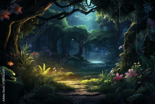 Impenetrable Night forest jungle dark. Tropical tree. Generate Ai © juliars