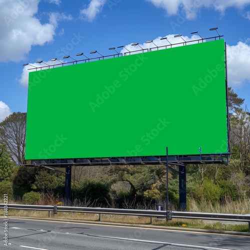 Photo of a blank green billboard next to a road