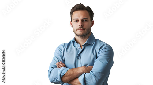  A dynamic image of a male manager, captured in high detail, his confident posture and focused gaze conveying competence and authority on a blank white backdrop. . 