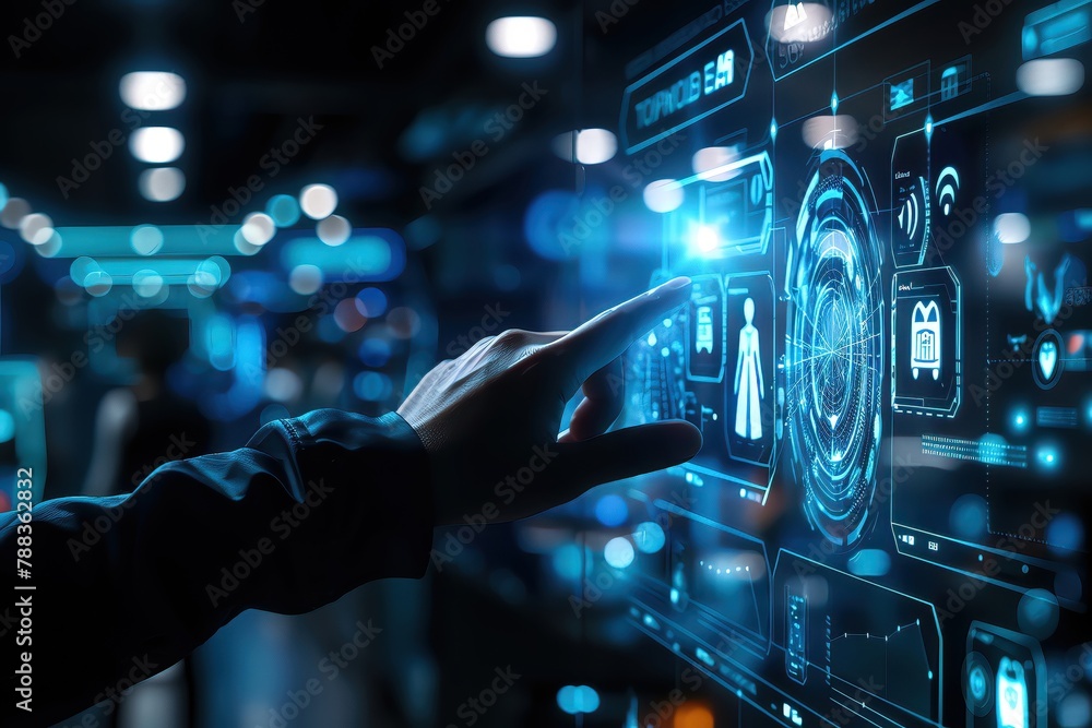 In a hightech fashion store, a closeup showed a shopper trying on digital outfits via a holographic mirror, switching styles with simple hand gestures In a hightech fashion store, a closeup showed a shopper trying on digital outfits via a holographic mirror, switching styles with simple hand gestures