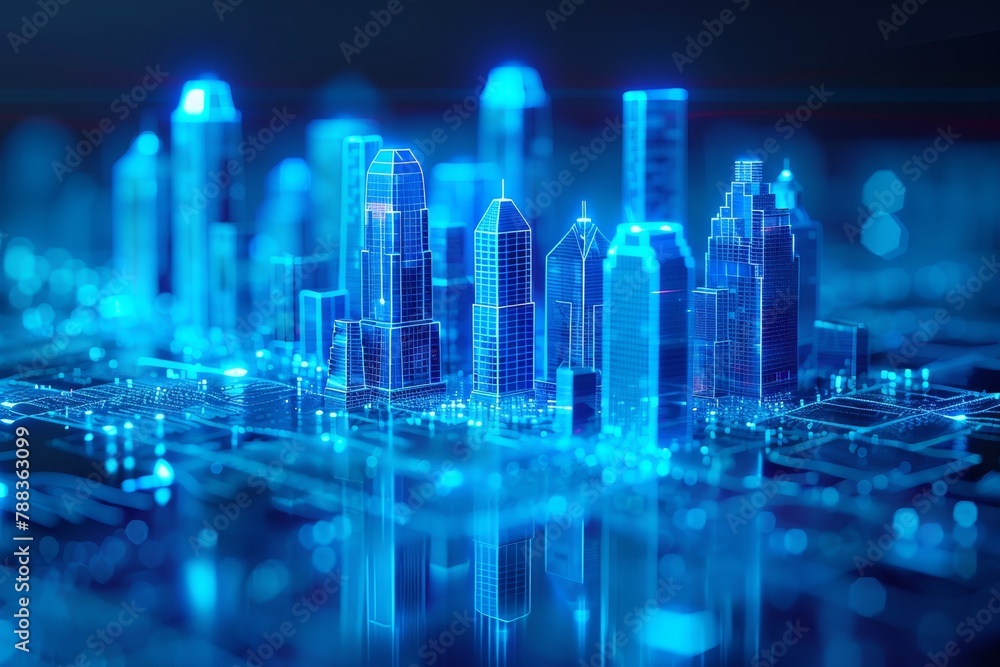 A glowing blue city made of glass and metal.