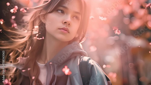 A beautiful girl is standing among the cherry blossoms.generative ai photo