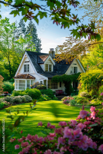 country house with a beautiful lawn. selective focus.