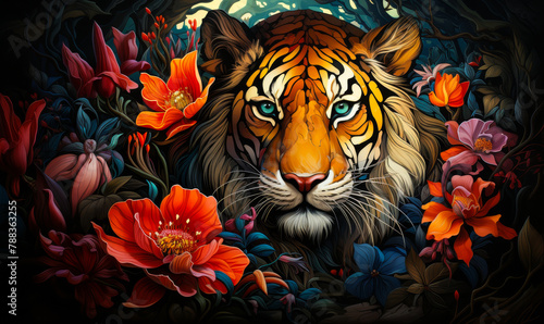 Vibrant Tropical Rainforest Scene with Exotic Flora and Fauna - Lush Jungle Plants and Wild Animals Illustration