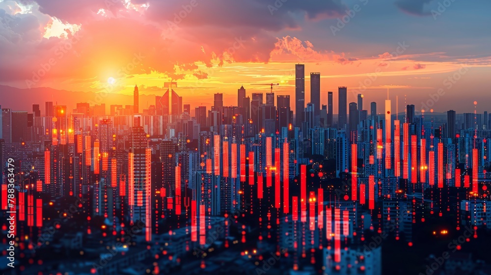 A photo of a city skyline with a red and orange sunset and red glowing skyscrapers. A photo of a city skyline with a red and orange sunset and red glowing skyscrapers.