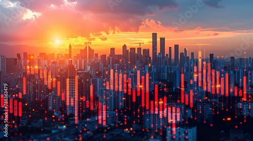 A photo of a city skyline with a red and orange sunset and red glowing skyscrapers.