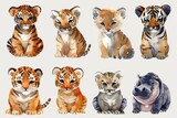 A watercolor painting of baby animals including a lion, hippo, and tiger.