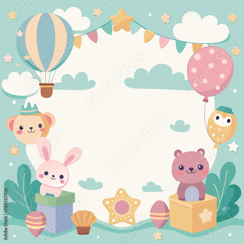 A children's birthday party frame with balloons, cupcakes, and other party decorations. Scene is festive and joyful