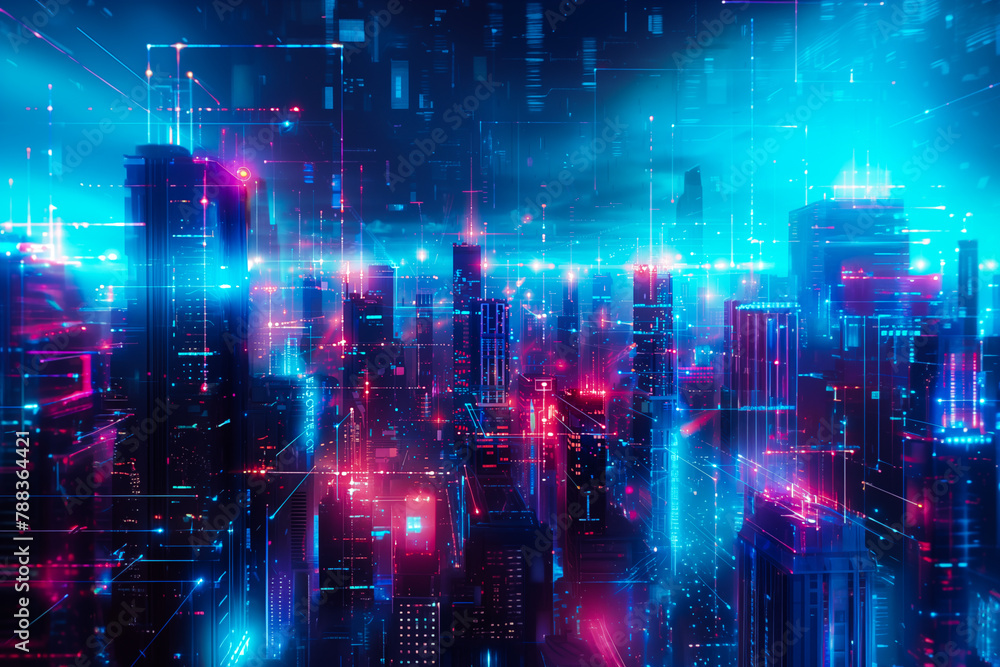 Cybernetic cityscape with high-rise buildings emitting pulses of light, interconnected ,technology network concept,data network beams in neon colors.