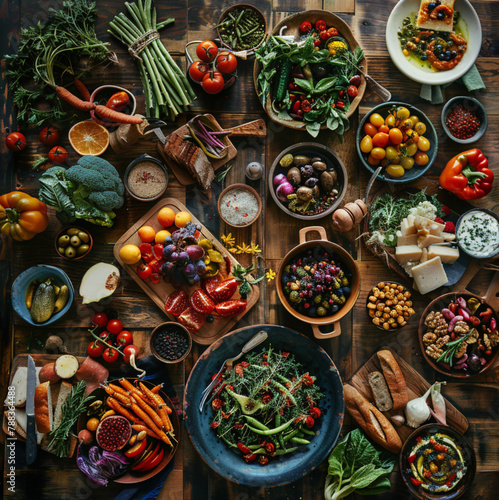  Food photography, Overhead view of a wooden table one fifths filled with an array of fresh vegetables, bread and simple dishes, no people, the richness of colors and organic 