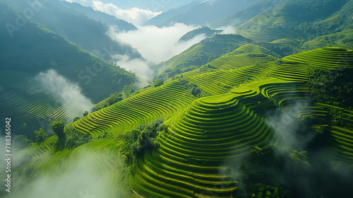Rice terraces in the mountains of Vietnam, withgreen and yellow colors, natural light, mistyweather.