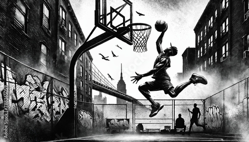 Dynamic Urban Basketball Slam Dunk in Monochrome: Street Sports Energy