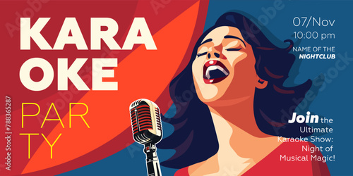 Karaoke party show horizontal banner. Music night club festival drawing art poster. Woman sing song into mic. Musical event artwork placard template with singing girl. Trendy typography cover design