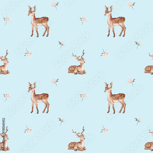 Seamless pattern watercolor deer and white roses. Spotted deer isolated on white background. Hand painted wild animal and flowers, leaves. template for fabric. Realistic animal for design and print