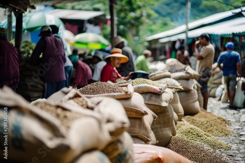 Coffee Farmers Engaging in a Lively Exchange at a Local Coffee Market, With Sacks of Coffee Beans Piled High and Buyers Inspecting The Quality, Generative AI