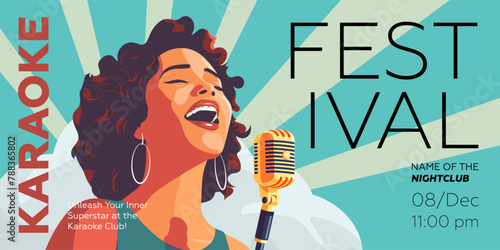 Karaoke party show banner. Music night club festival drawing art print. Woman sing song into mic. Musical event artwork placard template with singing black female person. Trendy vector eps typography
