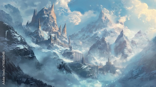 An awe-inspiring mountain range veiled in swirling mists and crowned with towering spires of ice and snow, home to mythical creatures and hidden caverns filled with ancient treasures photo