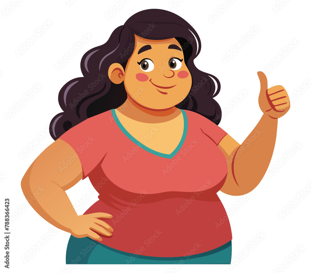 Cheerful latina body positive woman giving a thumbs-up, Positive response vector cartoon illustration. Cheerful latina body positive woman giving a thumbs-up, Positive response vector cartoon illustration.