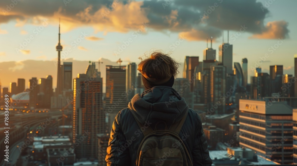 Solo traveler admiring the skyline of a new city from a high vantage point Solo traveler admiring the skyline of a new city from a high vantage point