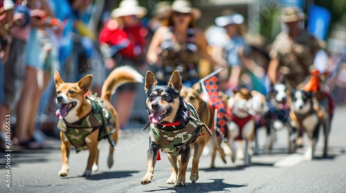 A Memorial Day parade featuring dogs dressed in military-themed costumes, marching alongside veterans and service members.