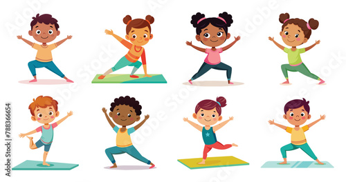 Energetic children practicing yoga poses, vector cartoon illustration.