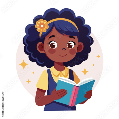 Happy young girl reading a book with delight, vector cartoon illustration.
