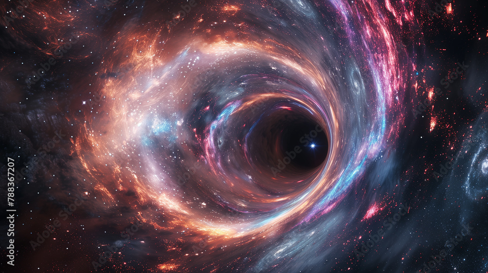 Travel through a wormhole through time and space filled with millions of stars and nebulae. Wormhole space deformation, science fiction. Black hole. Vortex hyperspace tunnel. Travel through a wormhole through time and space filled with millions of stars and nebulae. Wormhole space deformation, science fiction. Black hole. Vortex hyperspace tunnel.