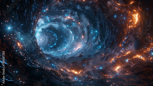 Travel through a wormhole through time and space filled with millions of stars and nebulae. Wormhole space deformation, science fiction. Black hole. Vortex hyperspace tunnel. photo