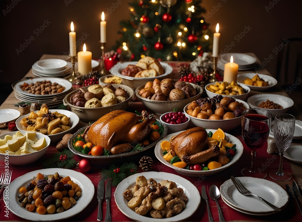 Christmas Dinner table full of dishes with food and snacks, New Year's decor with a Christmas tree on the background. Generative AI
