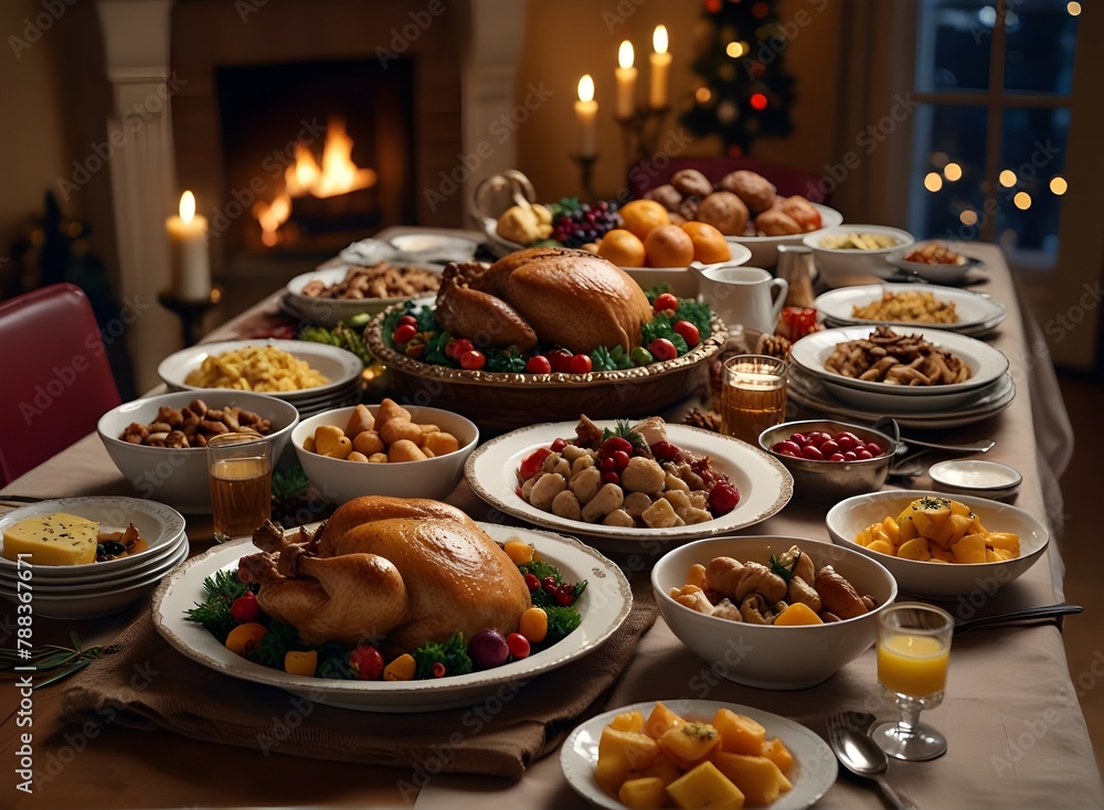 Naklejka premium Christmas Dinner table full of dishes with food and snacks, New Year's decor with a Christmas tree on the background. Generative AI 