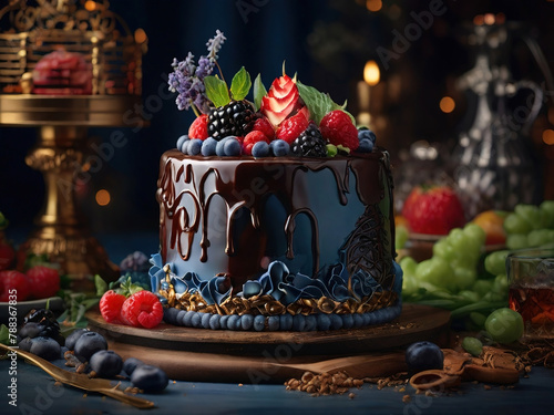 Chocolate cake on a beautifully decorated tray. Night atmosphere. with important dates