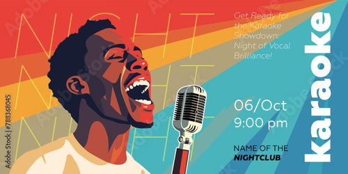 Karaoke party show banner. Music night club festival drawing art print. Man sing song into mic. Musical event artwork placard template with singing black person. Trendy typography vector eps design