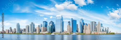 A Panoramic View of Jersey City Skyline with Landmarks and Hudson River Reflections