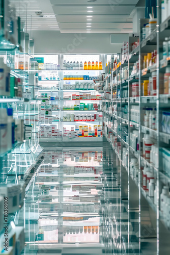 shelves with medicines in a pharmacy. selective focus.