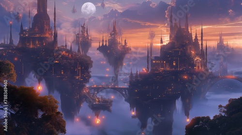 An otherworldly cityscape of towering spires and intricate bridges suspended between floating islands, bathed in the soft glow of magical lanterns and illuminated  photo