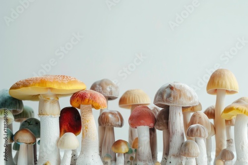 Variety of fresh mushrooms arranged in a row on white background with copy space