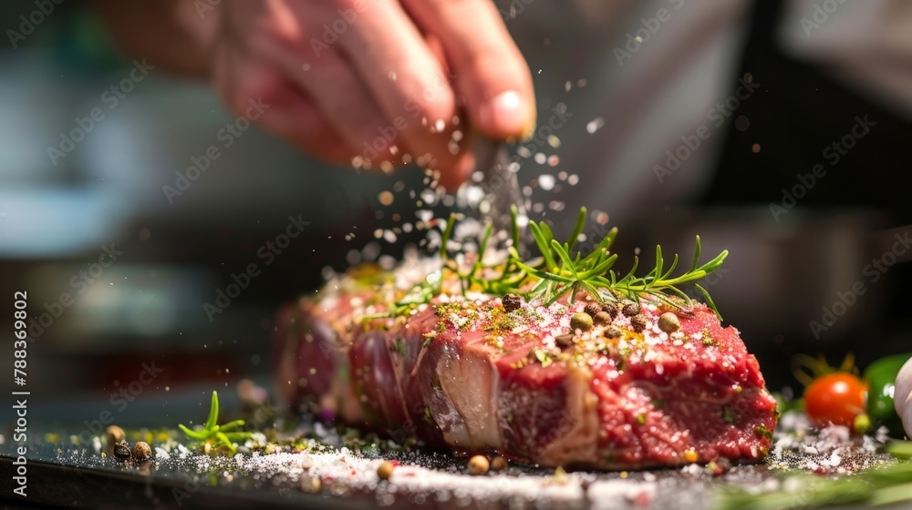 A chef seasoning a marbled pork steak with herbs and spices